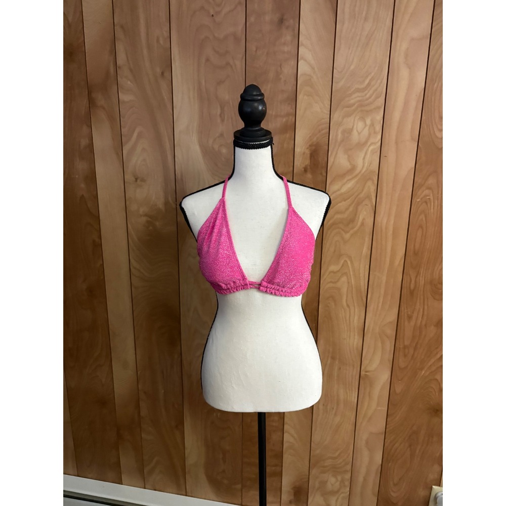 Pink Glitter Triangle Bikini Top Shimmer Halter Swimwear Women Small